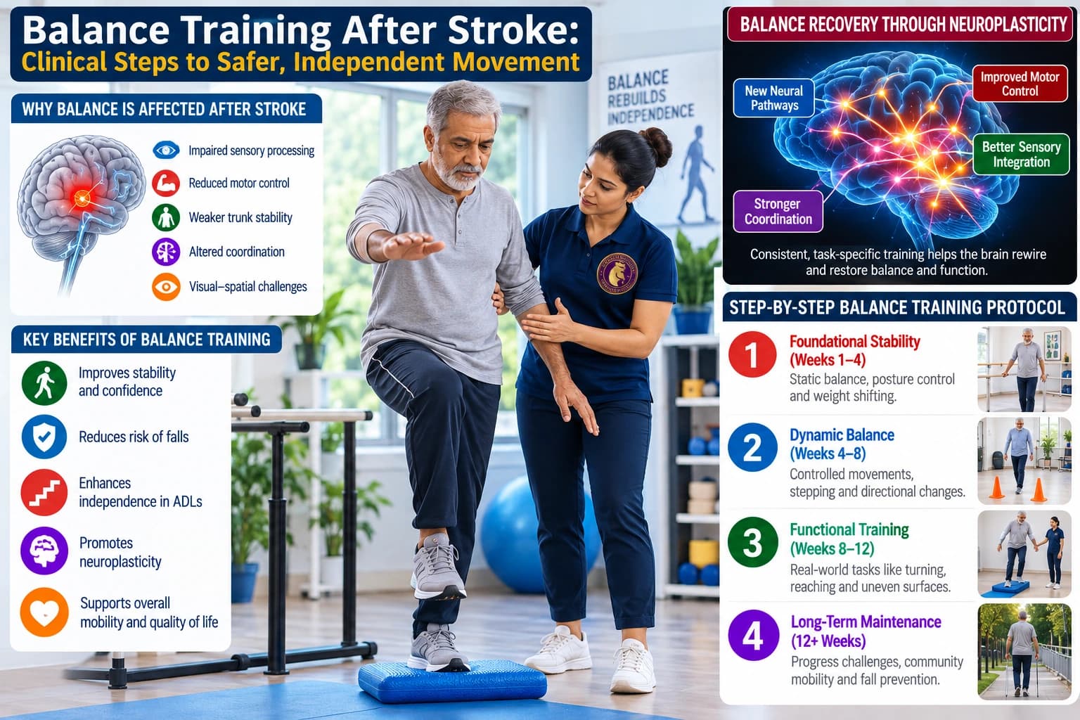 Supervised gait and balance retraining for stroke survivors using parallel bars at an Aries PhysioCare center.