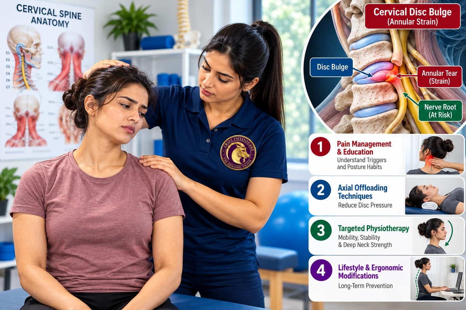 Cervical disc bulge reversal protocols and deep cervical flexor retraining at an Aries PhysioCare clinic.
