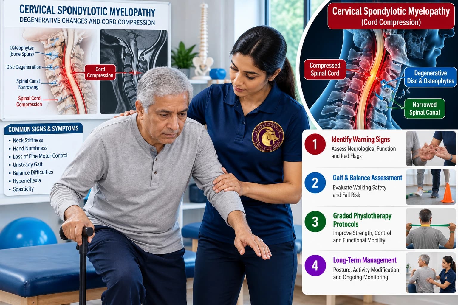Safe balance, gait protection, and non-compressive neck protocols for cervical myelopathy at Aries PhysioCare.