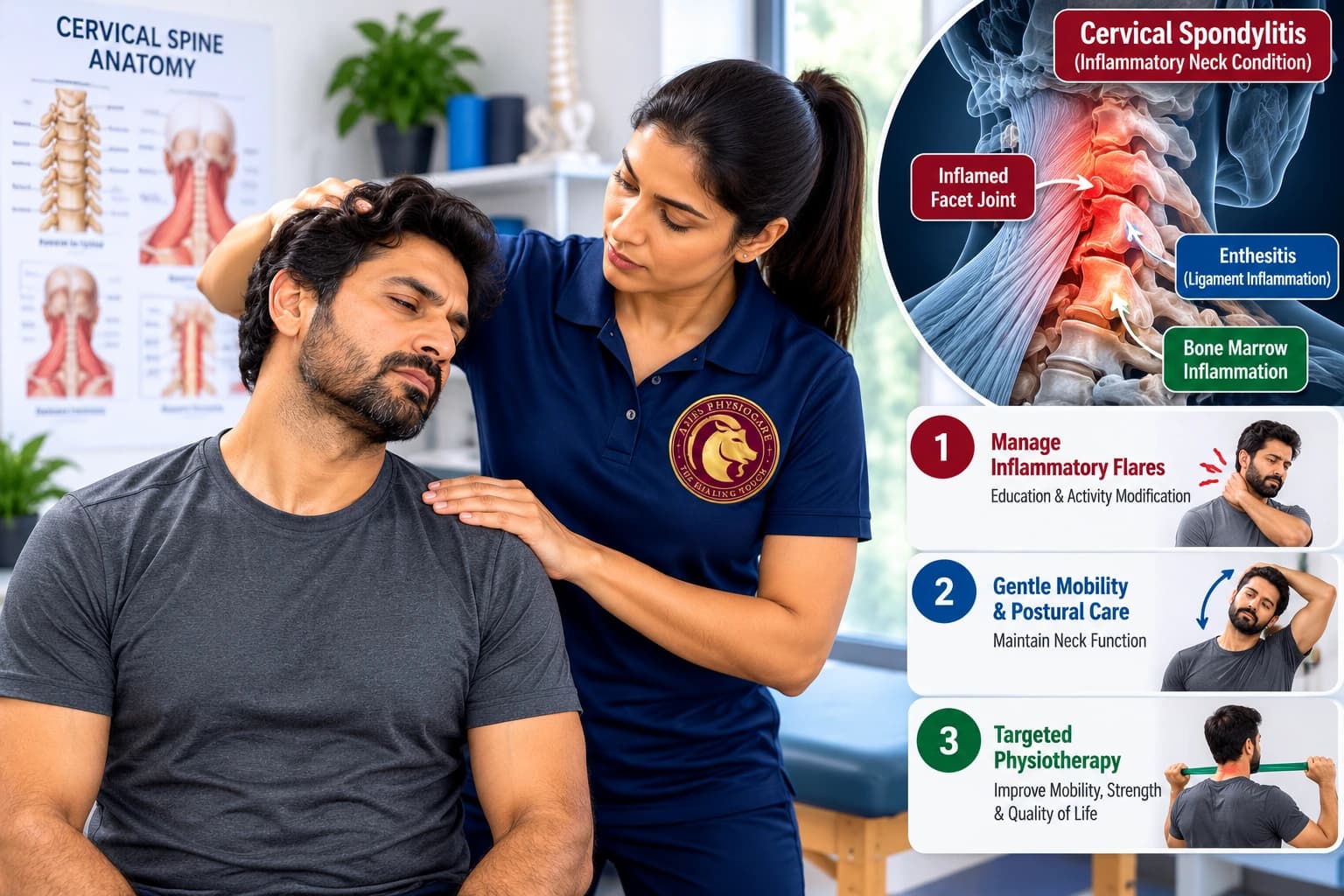 Gentle cervical spondylitis mobility and inflammatory pain management delivered by an Aries PhysioCare physiotherapist.