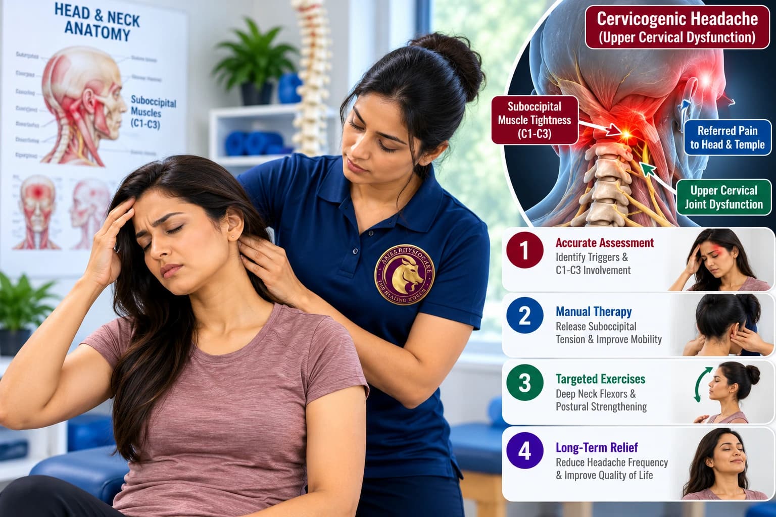 Suboccipital myofascial release and upper cervical joint mobilization for cervicogenic headache relief at Aries PhysioCare.