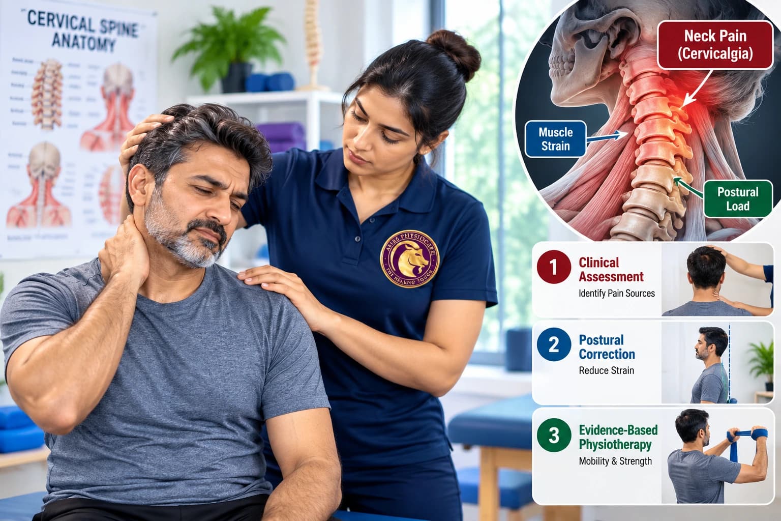Aries PhysioCare specialist performing gentle cervical spine assessment and manual traction for acute neck pain relief.