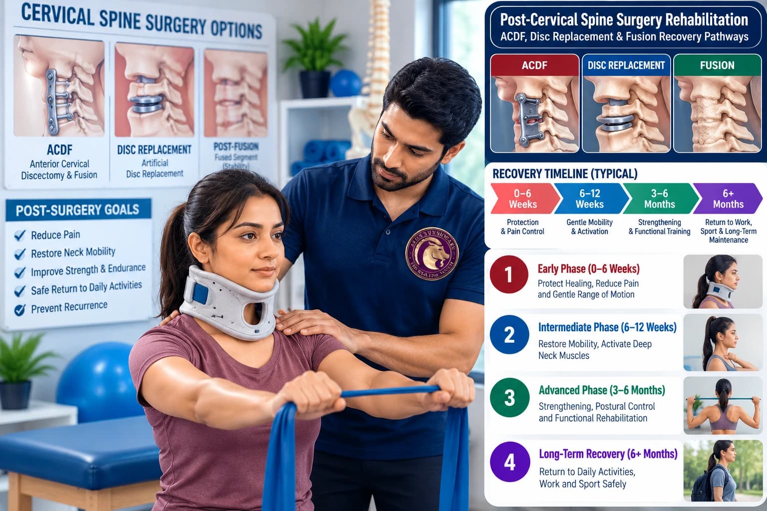 Supervised post-cervical spine surgery recovery and safe postural ambulation with an Aries PhysioCare physiotherapist.