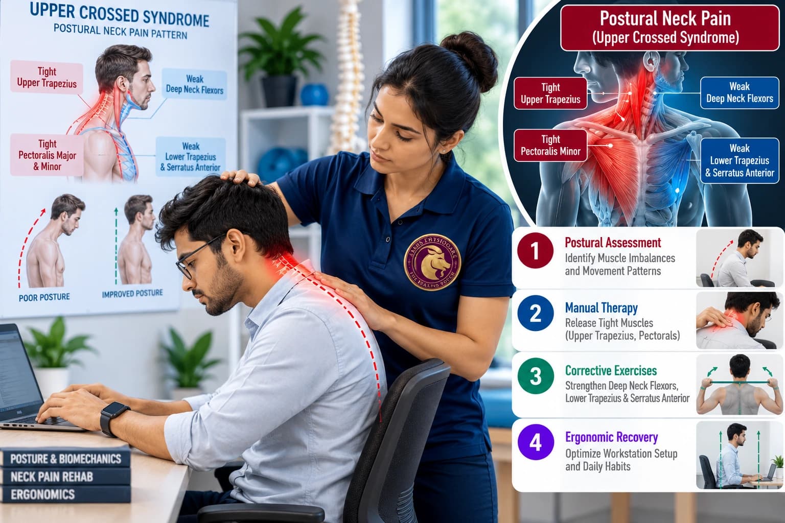 Postural realignment and scapular retraction exercises for upper crossed syndrome guided by an Aries PhysioCare therapist.
