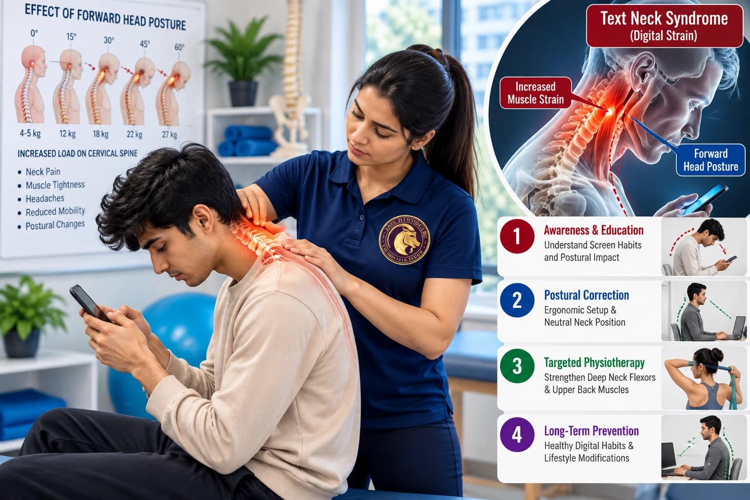 Corrective posture retraining and workstation ergonomic adjustments for text neck syndrome with an Aries PhysioCare therapist.