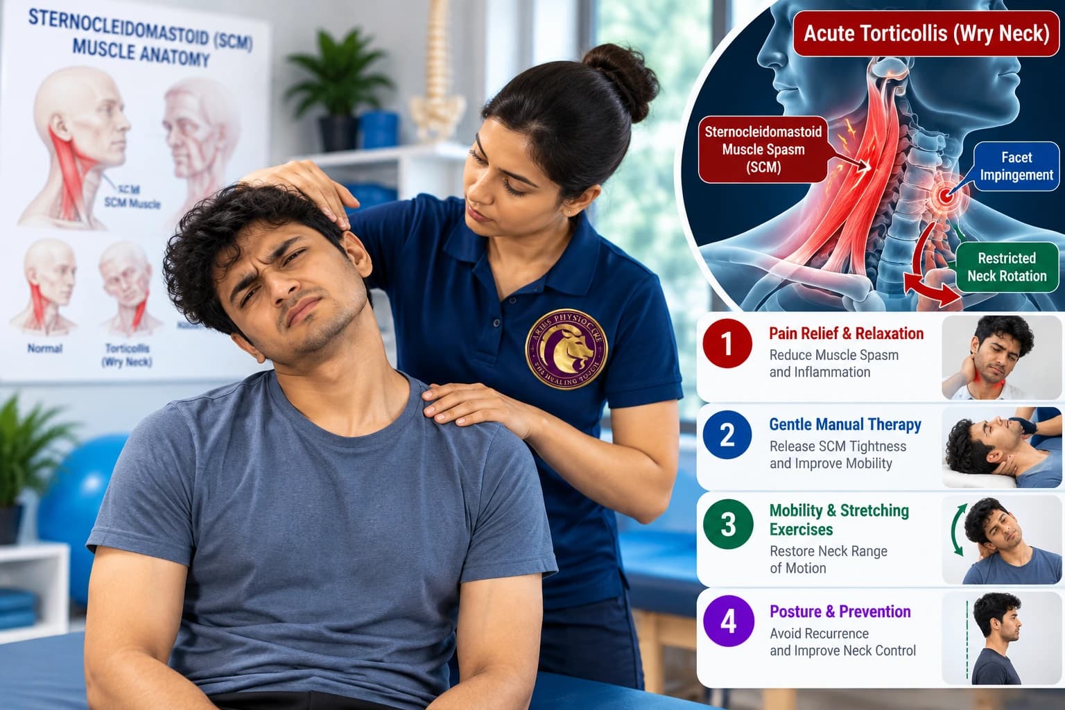 Acute wry neck torticollis relief through sternocleidomastoid myofascial release by an Aries PhysioCare clinician.