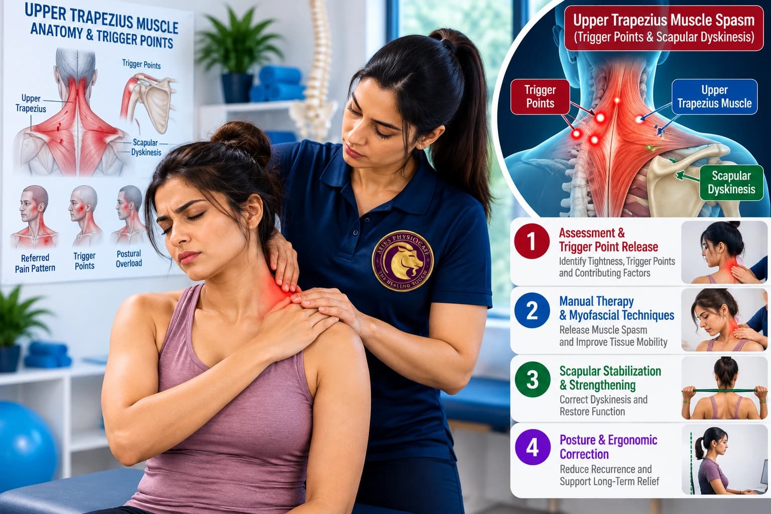 Upper trapezius trigger point release and scapular postural retraining administered by an Aries PhysioCare specialist.