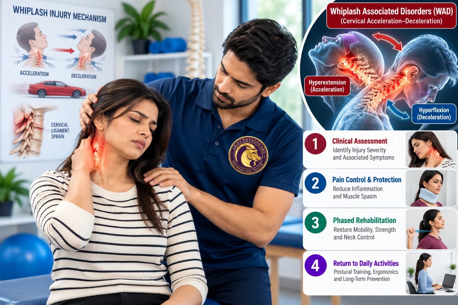 Gentle soft-tissue mobilization and pain desensitization for whiplash injury recovery at Aries PhysioCare.