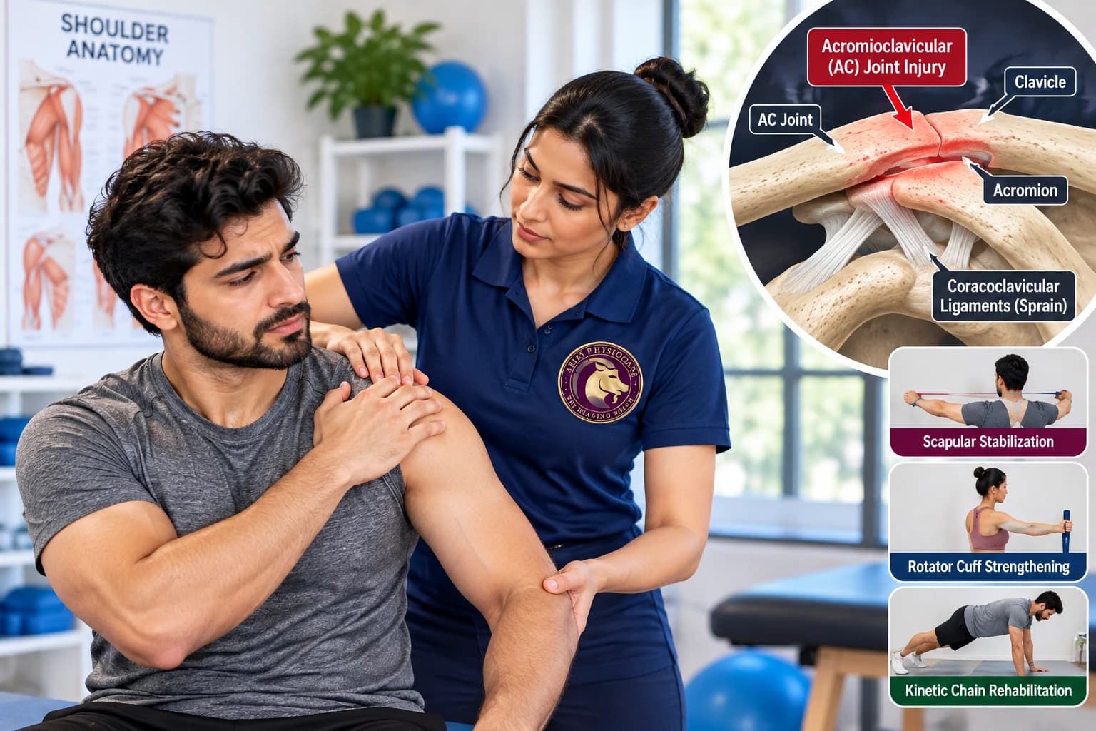 Acromioclavicular AC joint sprain recovery and shoulder girdle stabilization supervised by an Aries PhysioCare expert.