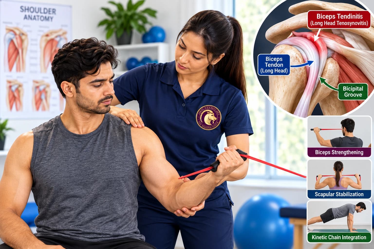 Long head biceps tendinitis rehabilitation and eccentric bicipital tendon strengthening at Aries PhysioCare.