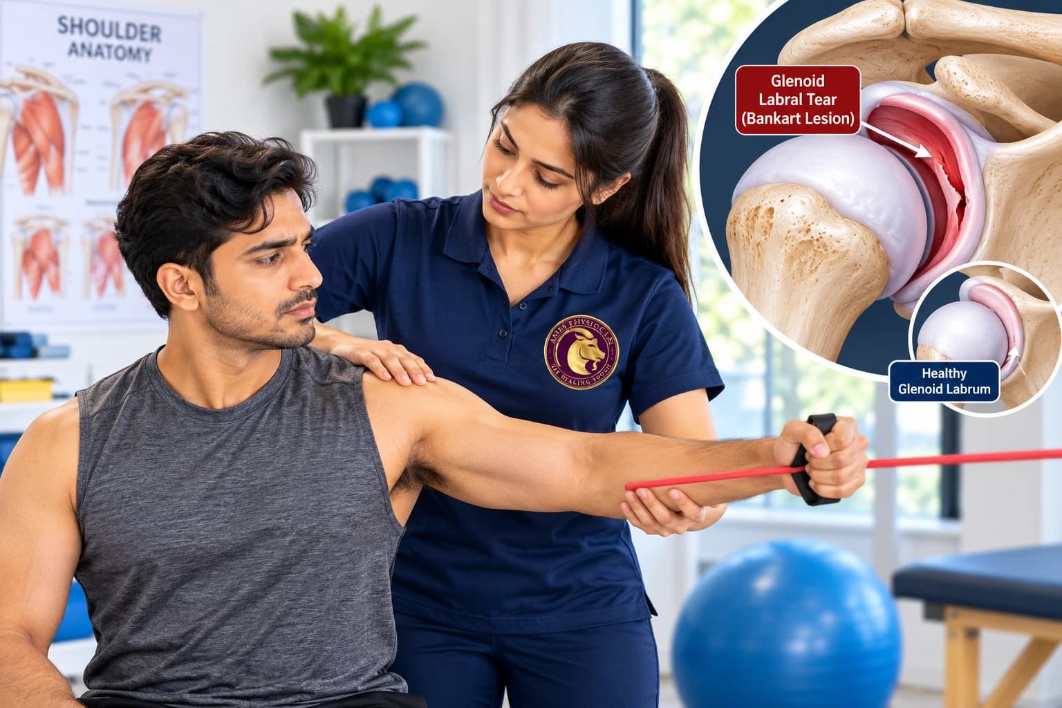 Clinical rehabilitation for glenoid labral tear focusing on deep rotator cuff stability with an Aries PhysioCare physiotherapist.