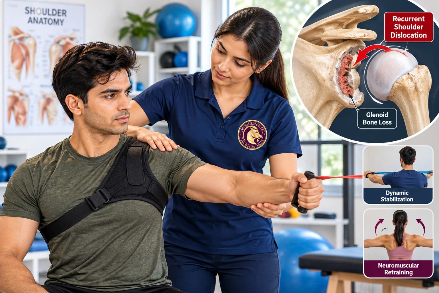 Patient performing dynamic shoulder stabilization exercises to prevent recurrent shoulder dislocation at Aries PhysioCare.