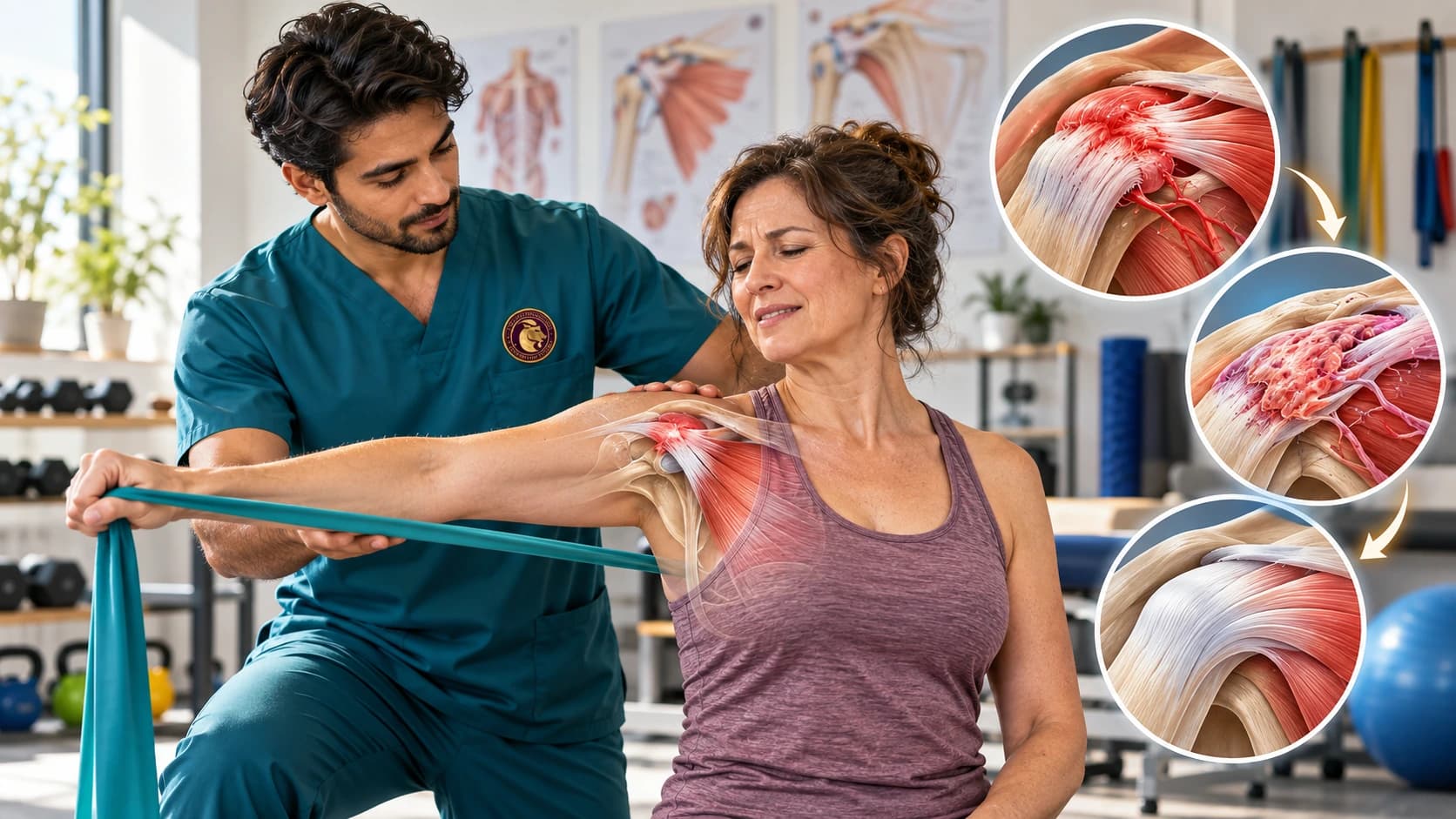 Physiotherapist coaching progressive tendon loading exercises for rotator cuff tendinopathy at an Aries PhysioCare center.