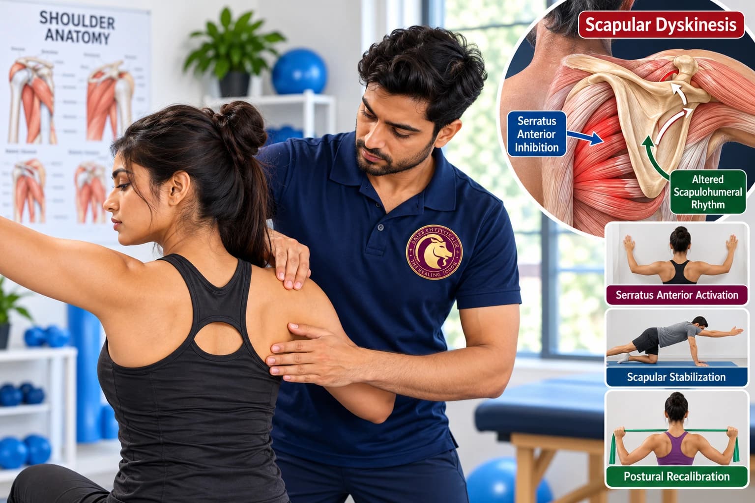 Scapulohumeral rhythm restoration and serratus anterior activation supervised by an Aries PhysioCare therapist.
