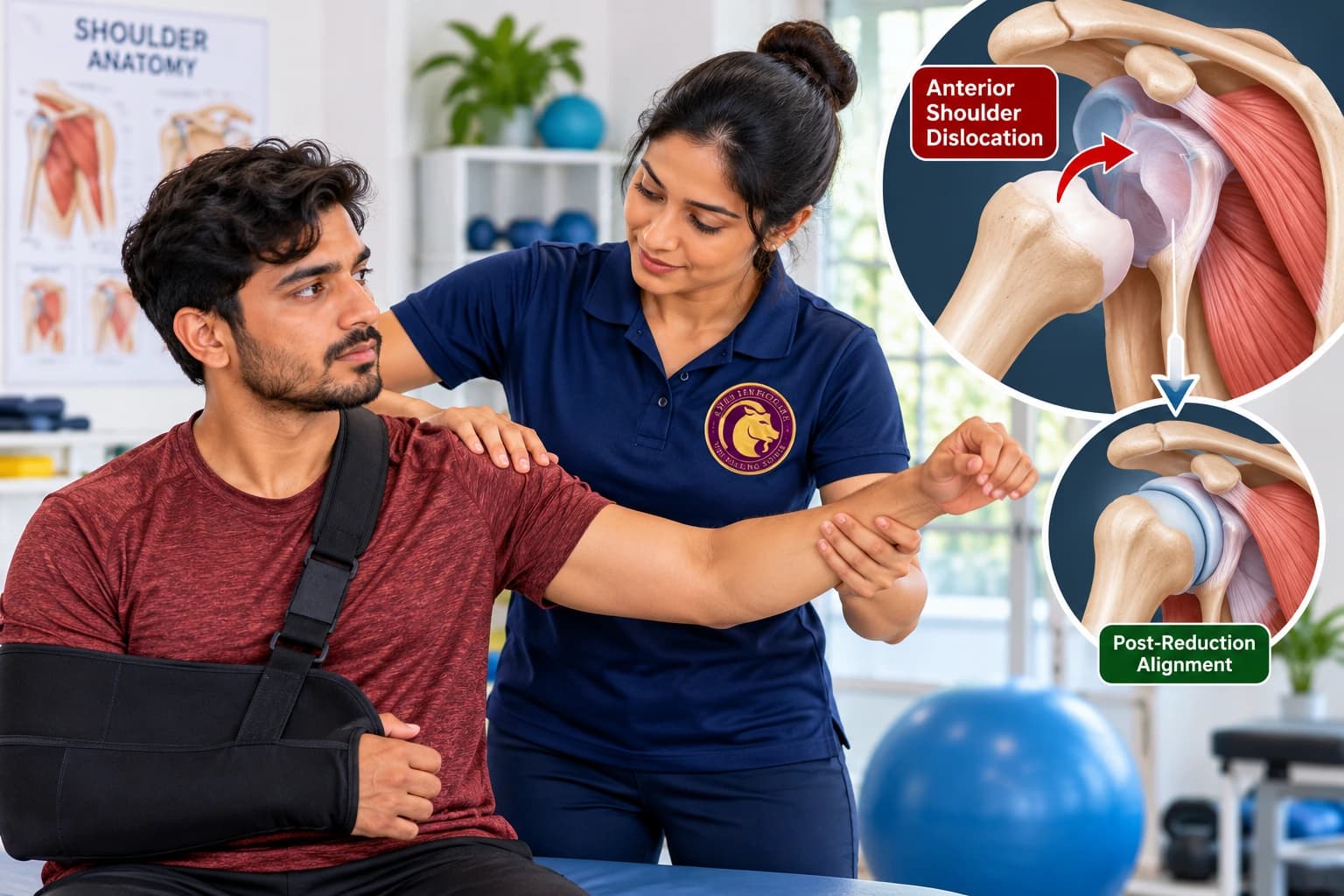 Post-reduction shoulder dislocation rehabilitation and neuromuscular shoulder control supervised by an Aries PhysioCare clinician.