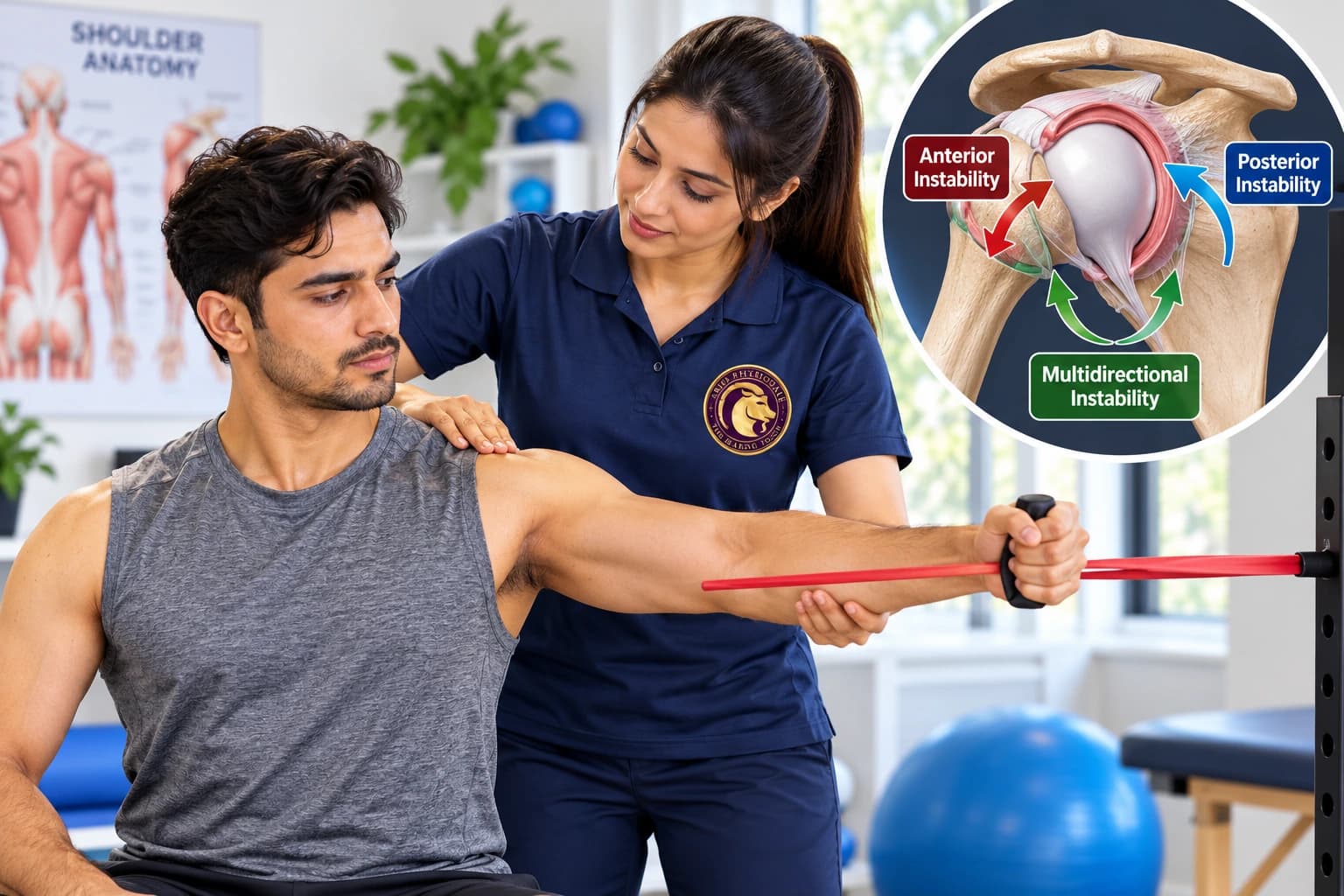 Dynamic rotator cuff and scapular stabilization training for multidirectional shoulder instability at Aries PhysioCare.