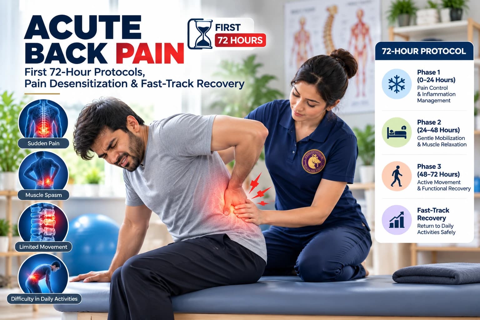 First 72-hour acute back pain relief and safe directional preference positioning with an Aries PhysioCare therapist.