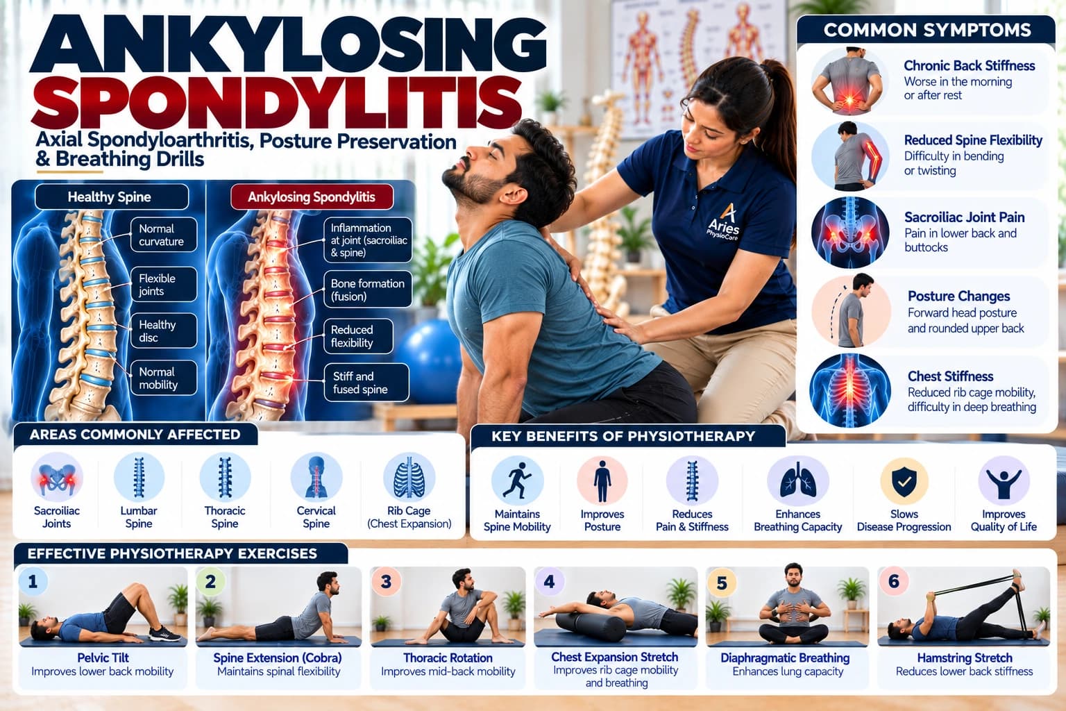 Thoracic extension, costovertebral breathing, and spinal mobility exercises for ankylosing spondylitis at Aries PhysioCare.