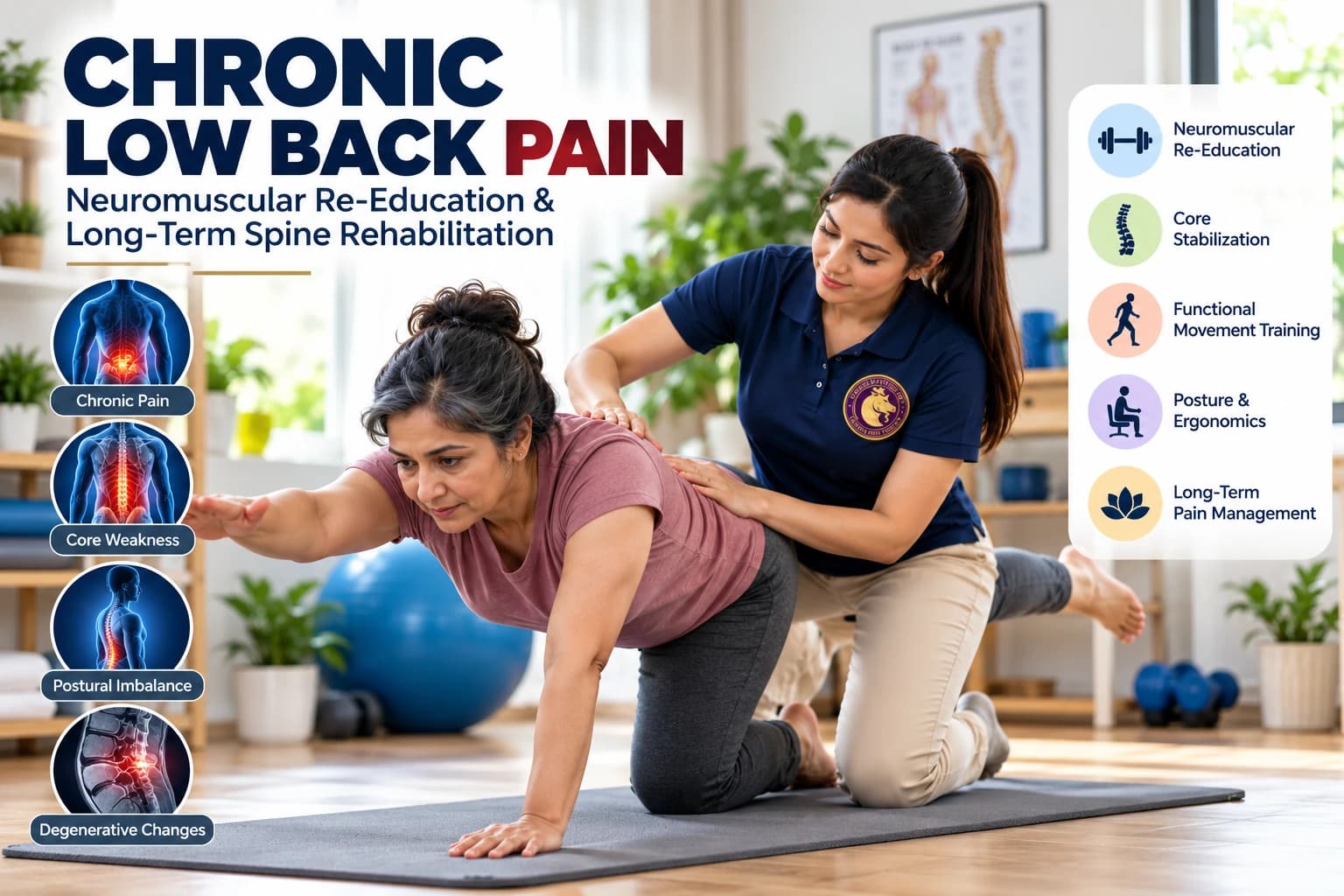 Long-term neuromuscular core retraining and spinal stabilization for chronic back pain at an Aries PhysioCare clinic.