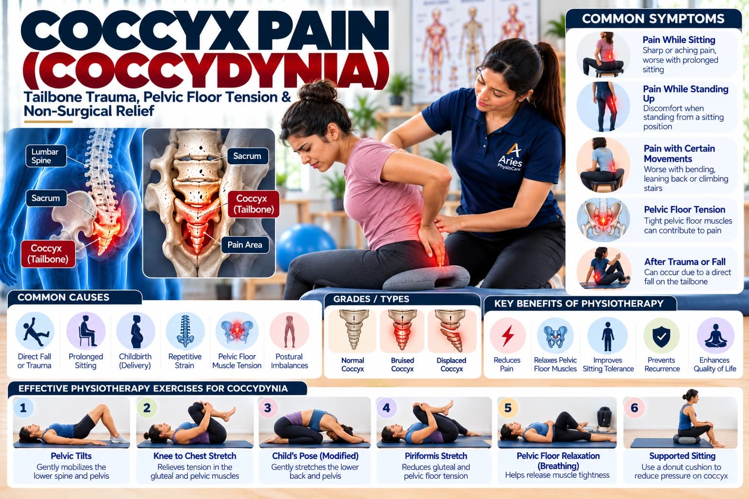 Pelvic floor relaxation and non-surgical tailbone coccydynia relief therapy at an Aries PhysioCare clinic.