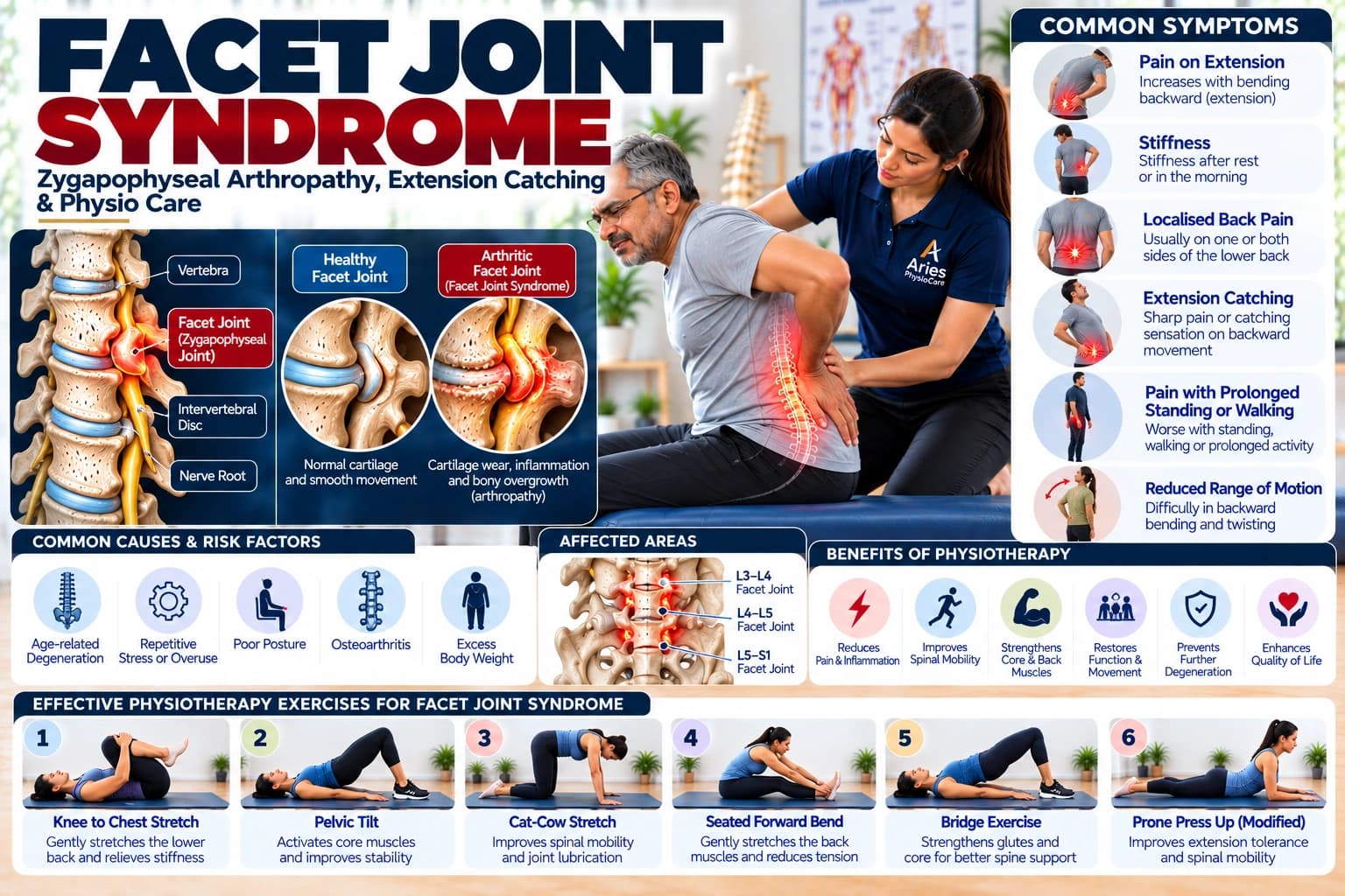 Zygapophyseal facet joint offloading and flexion-biased pain relief supervised by an Aries PhysioCare clinician.