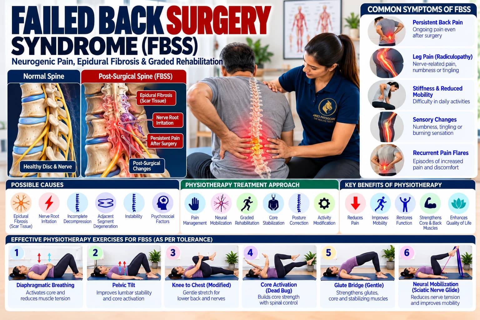 Gentle graded rehabilitation and neurogenic desensitization for failed back surgery syndrome at Aries PhysioCare.