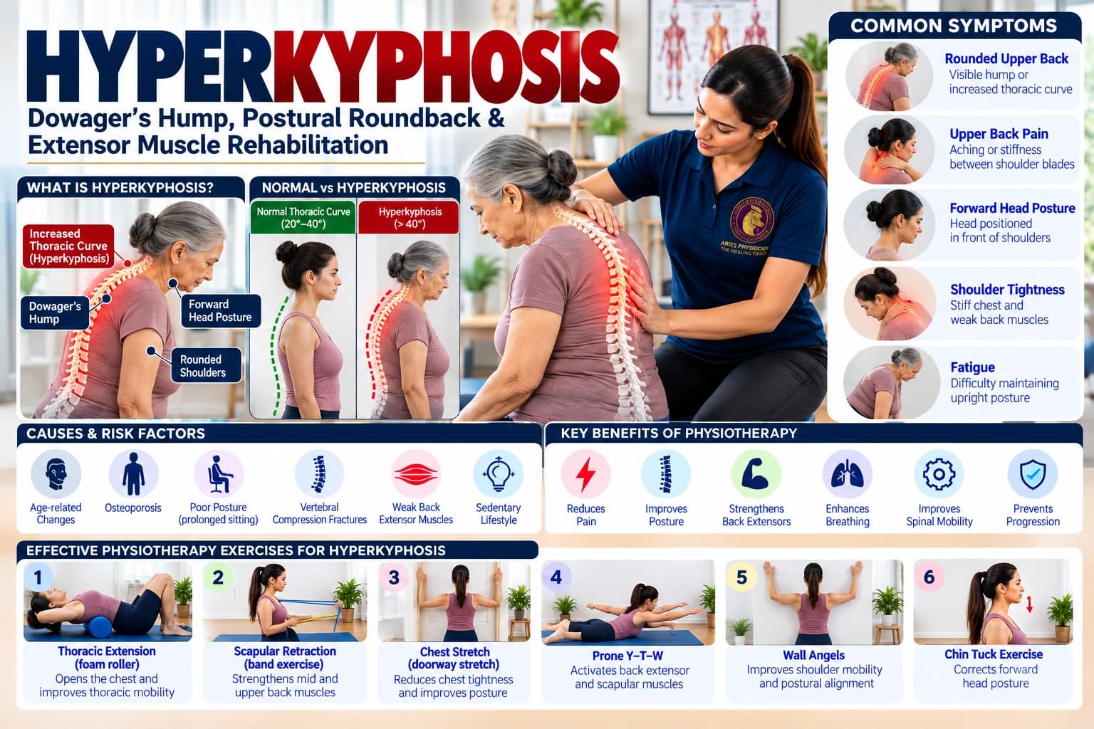 Hyperkyphosis correction, Dowager hump reduction, and scapular retraining supervised by an Aries PhysioCare therapist.