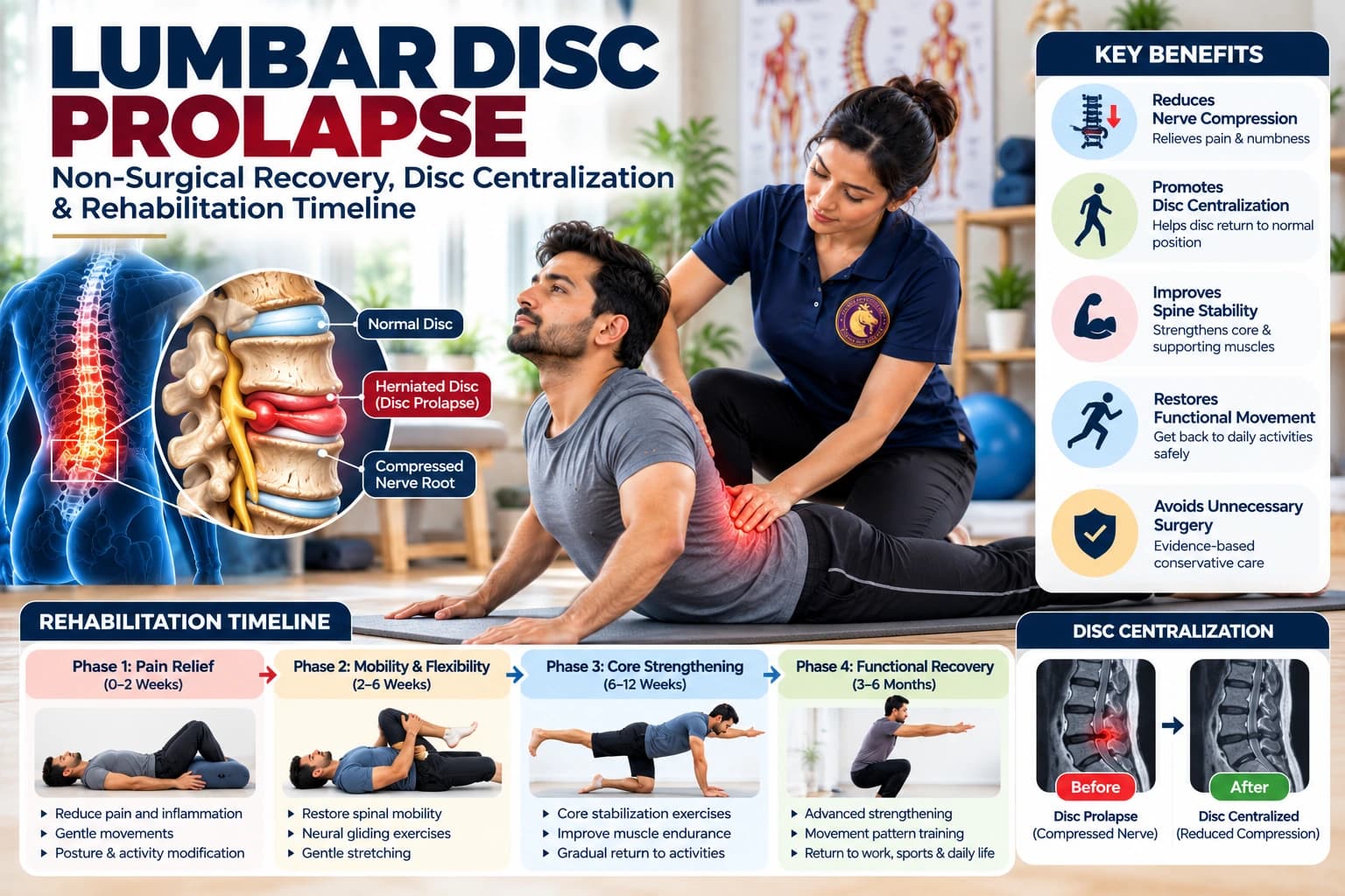Non-surgical lumbar disc prolapse centralization and core motor control guided by an Aries PhysioCare physiotherapist.