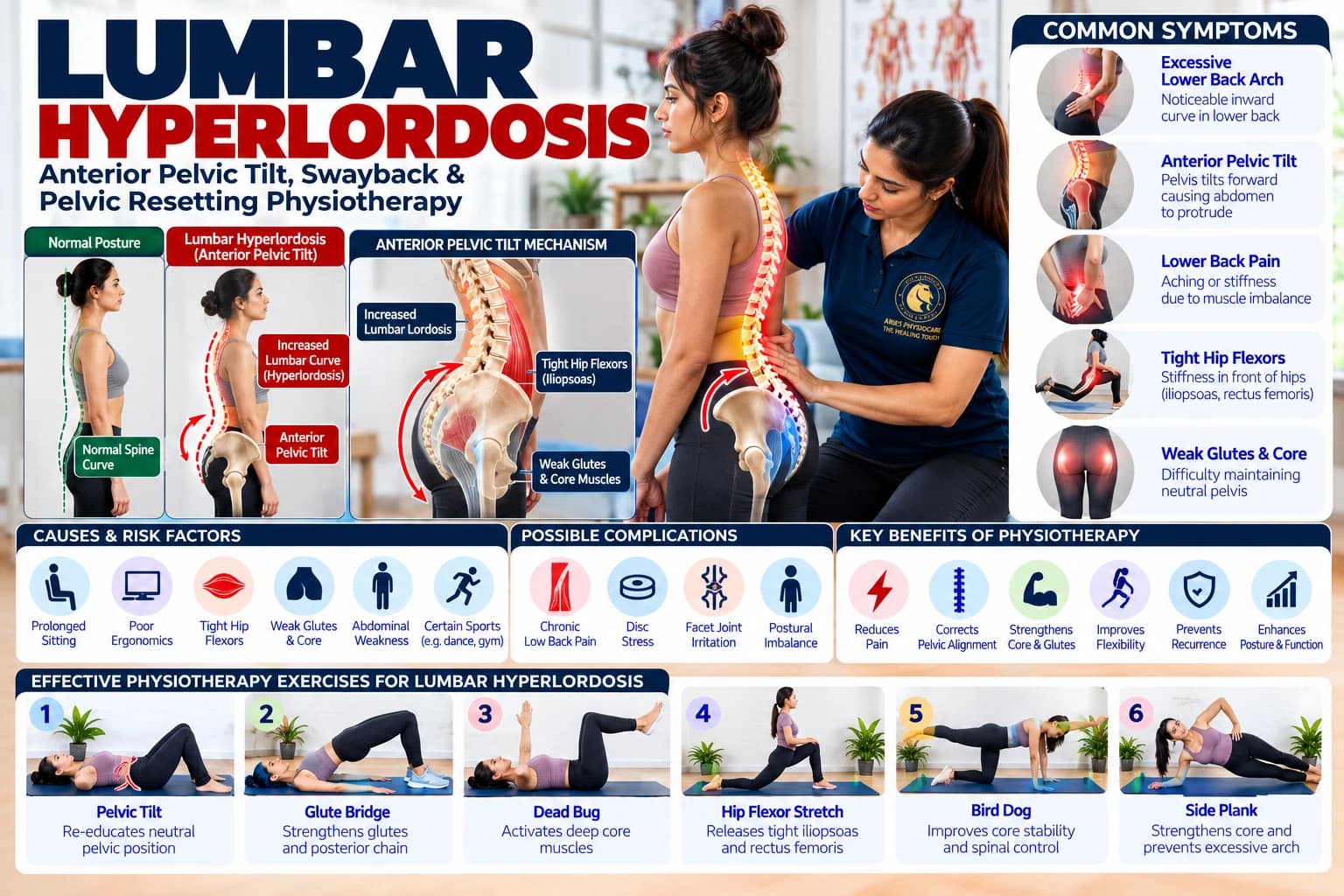 Pelvic resetting and gluteal activation exercises to correct anterior pelvic tilt hyperlordosis at Aries PhysioCare.