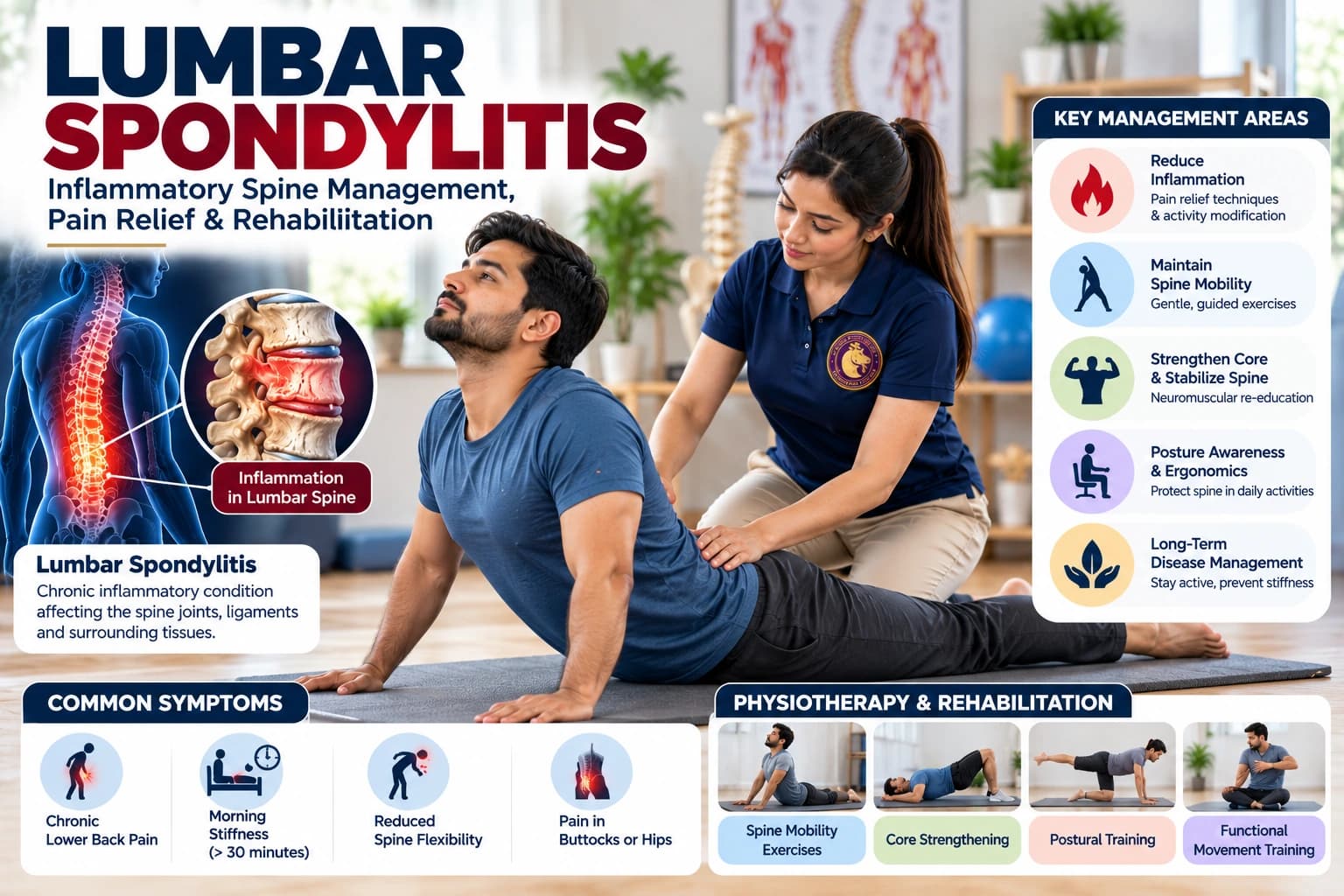 Non-impact spinal mobility exercises and pain desensitization for lumbar spondylitis with an Aries PhysioCare expert.