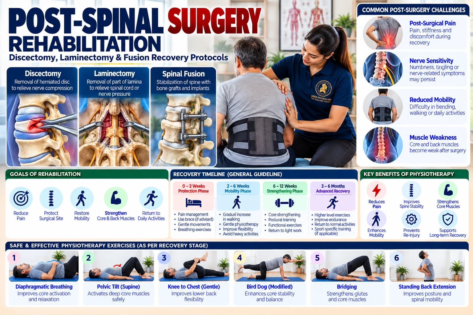 Post-spinal fusion and discectomy recovery protocol guided by an Aries PhysioCare rehabilitation specialist.