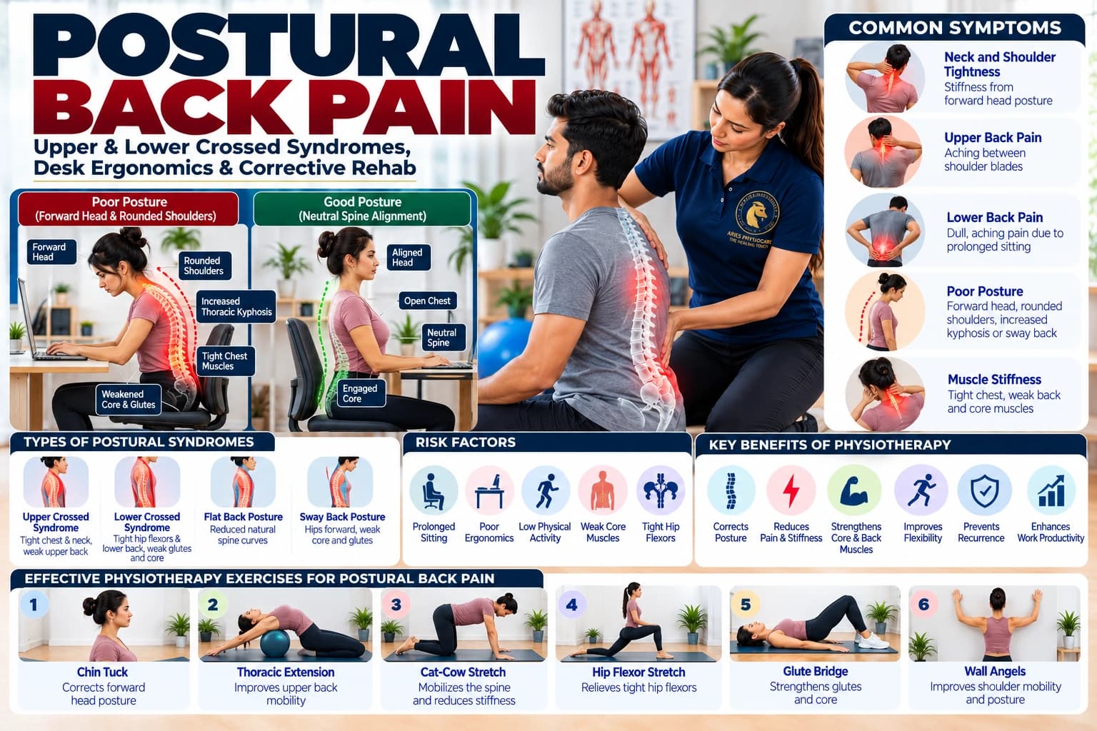 Ergonomic workstation adjustment and postural corrective exercises for desk workers at Aries PhysioCare.