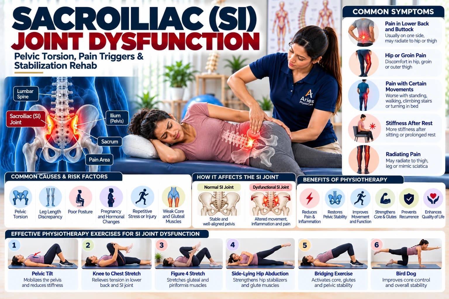 Sacroiliac SI joint manual realignment and pelvic belt stabilization guided by an Aries PhysioCare specialist.