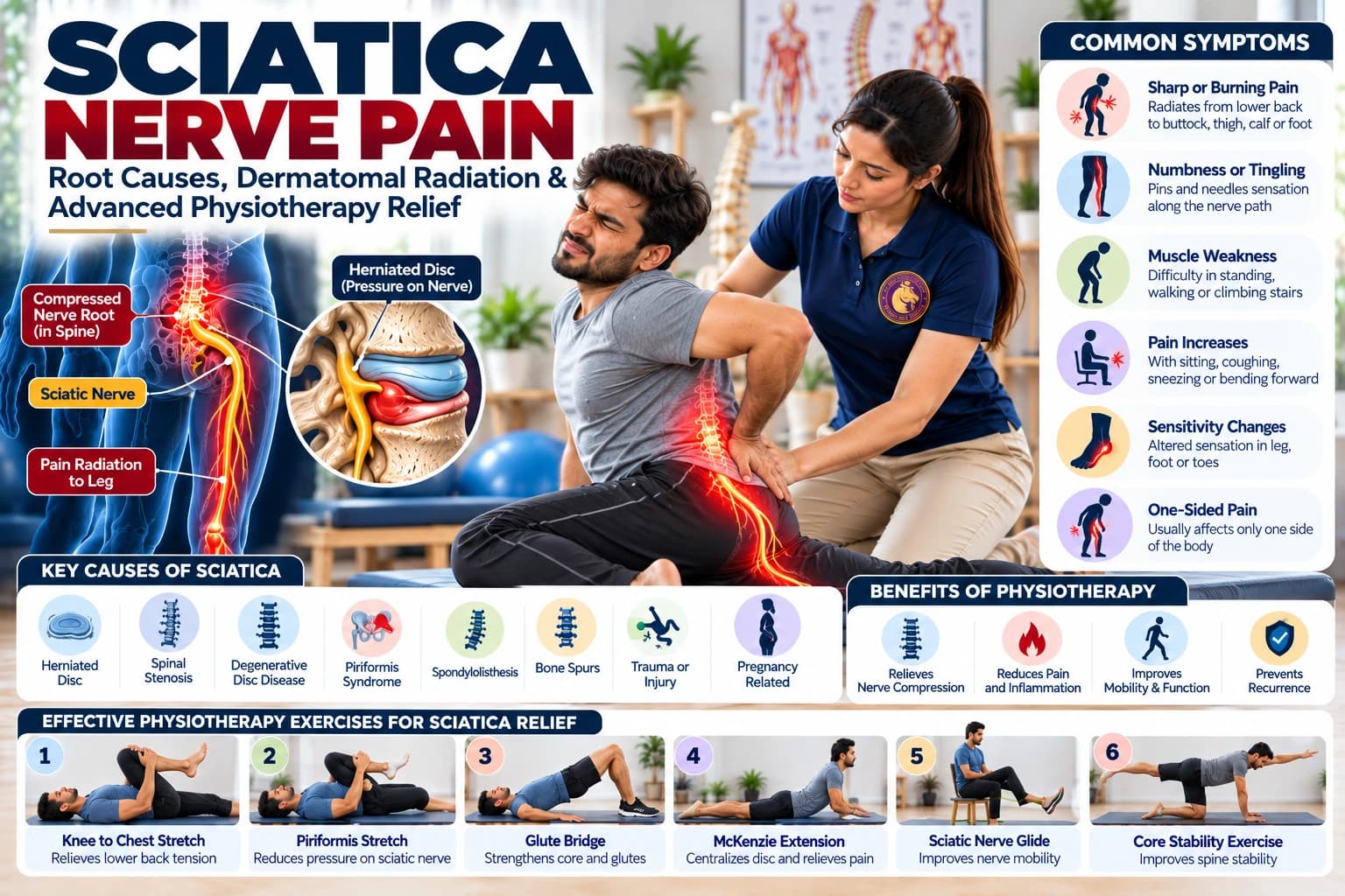 Sciatic nerve mobilization, straight leg gliding, and root decompression guided by an Aries PhysioCare physiotherapist.