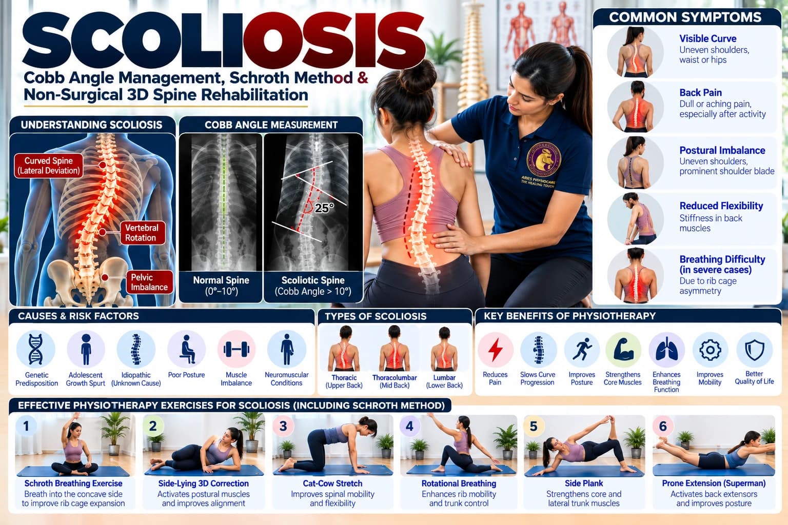 Non-surgical 3D Schroth scoliosis spinal de-rotation and elongation exercises at Aries PhysioCare.
