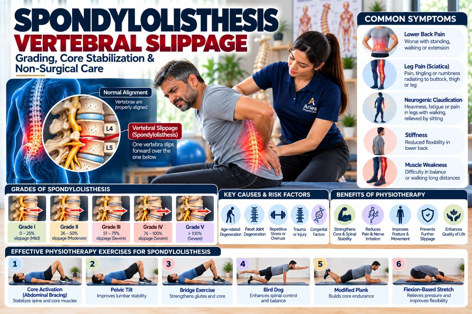 Neutral spine stabilization and abdominal wall bracing for spondylolisthesis recovery at Aries PhysioCare.
