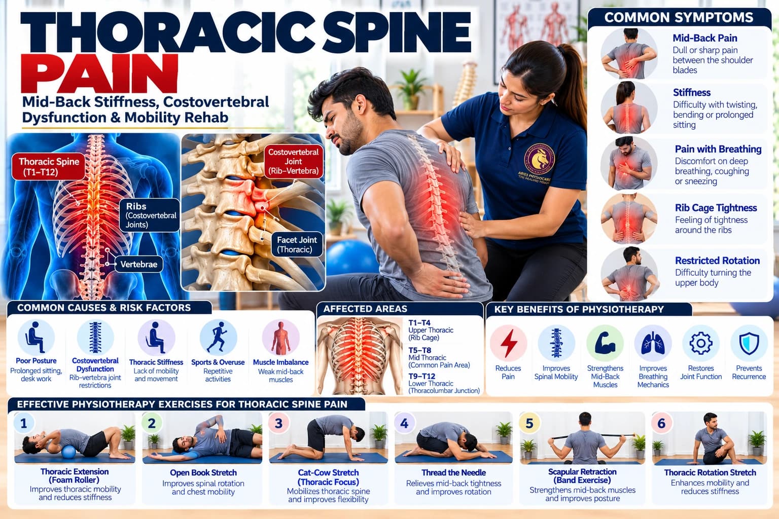 Mid-back thoracic spine mobilization and rib cage expansion exercises guided by an Aries PhysioCare clinician.