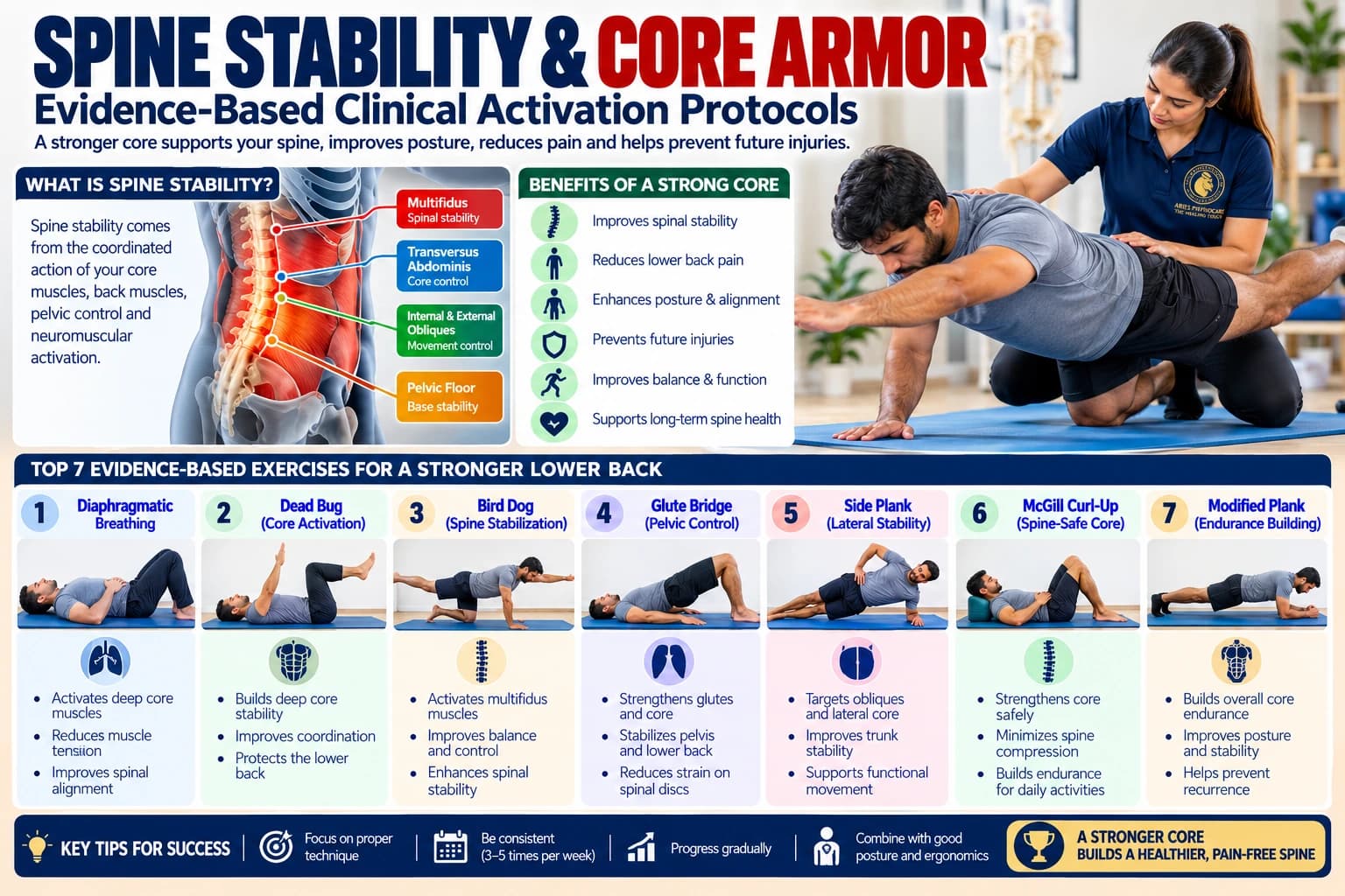Core stability and protective spine conditioning exercises coached by an Aries PhysioCare clinician.