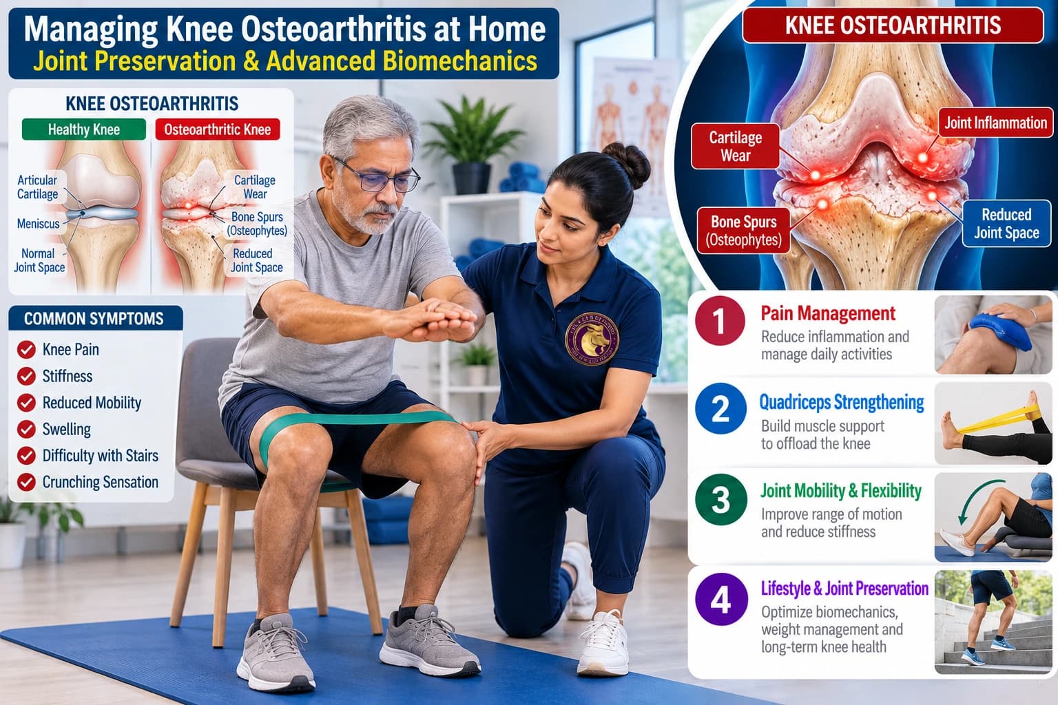 Home-based knee osteoarthritis care, isometric quad strengthening, and joint mobilization by an Aries PhysioCare specialist.