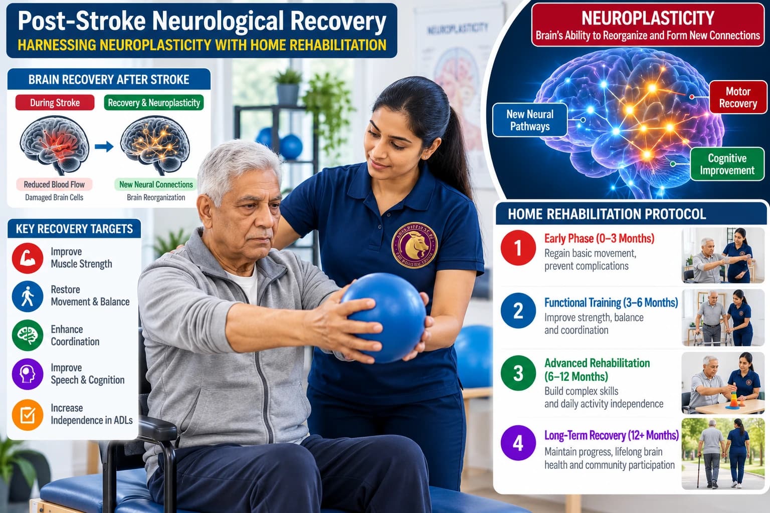 Neurological stroke rehabilitation timeline and neuroplasticity gait training guided by an Aries PhysioCare therapist.