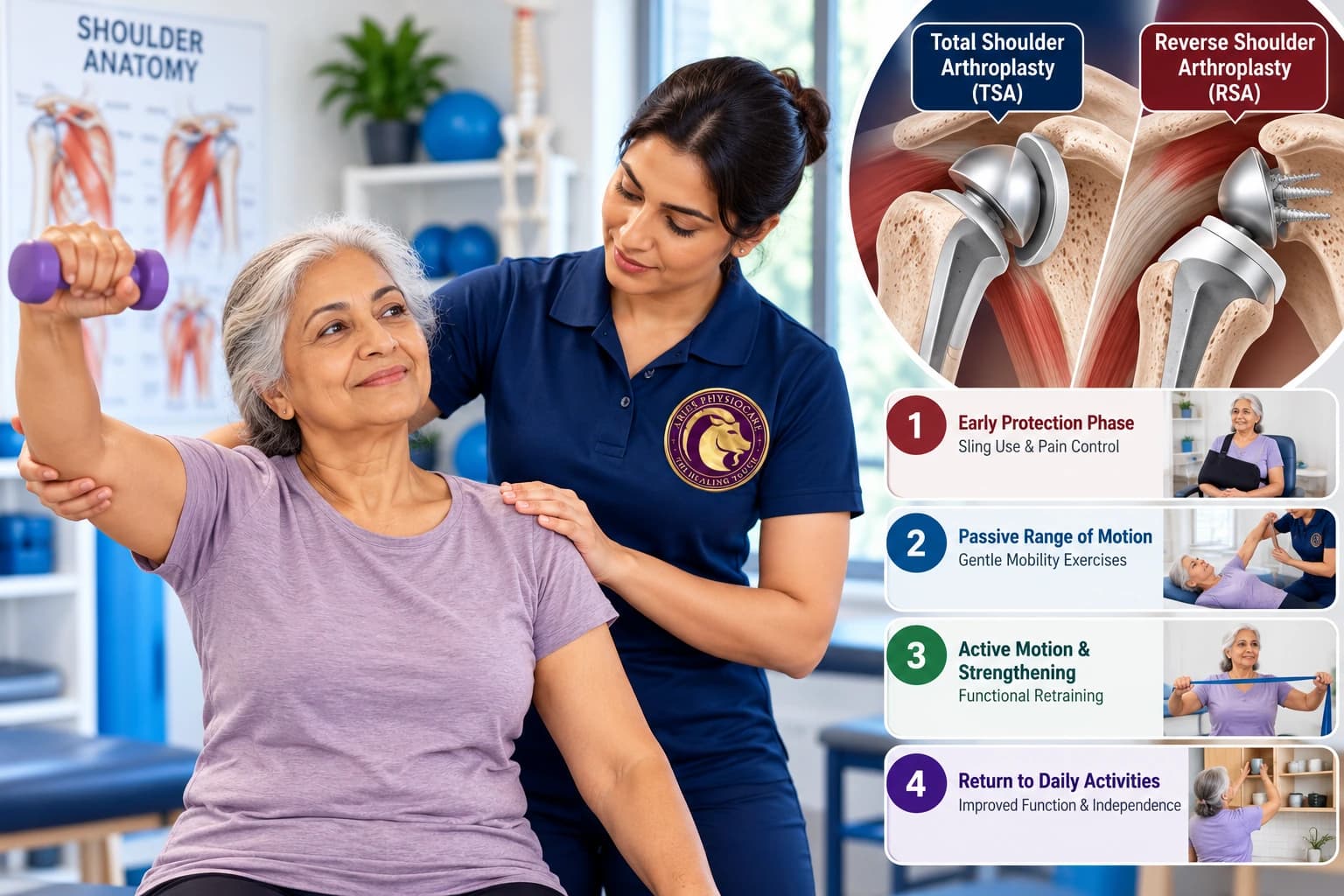 Total and reverse shoulder replacement recovery protocols guided by an Aries PhysioCare rehabilitation specialist.